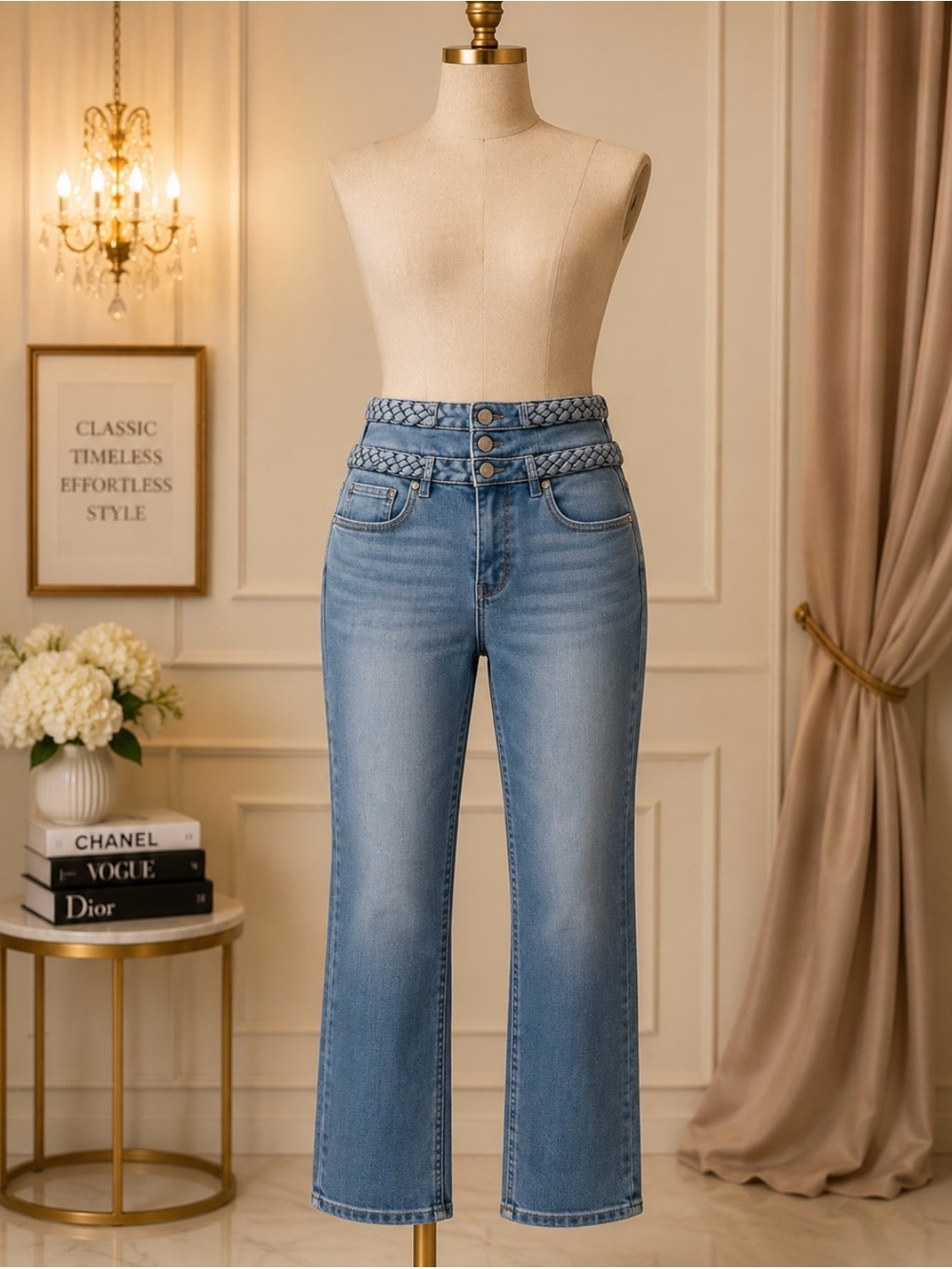 White House Black Market Light Blue High-Rise Jeans with Braided Waistband